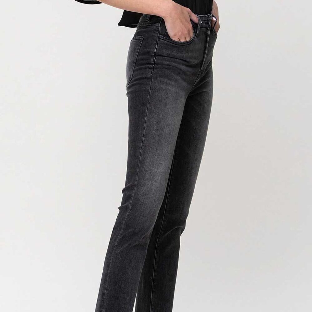 High Rise Slim Straight Jeans w/ Unbalanced Hem